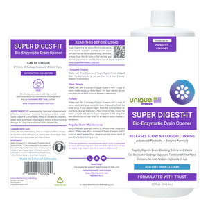 Super Digest-It Drain Cleaner 32 oz. Full Label. Unique Drain + Septic
