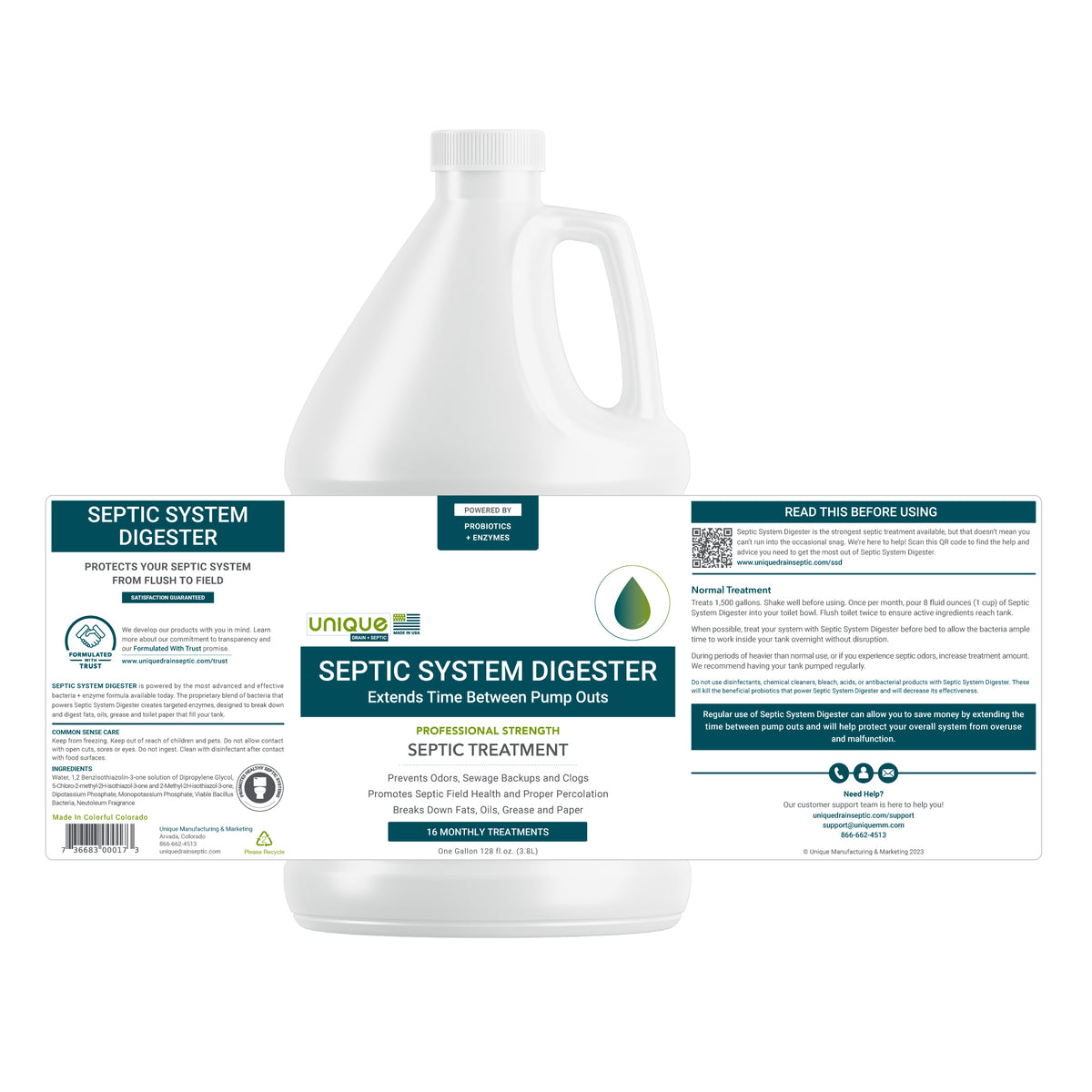 Septic System Digester 128 oz. Septic Tank Treatment Full Label. Unique Drain + Septic